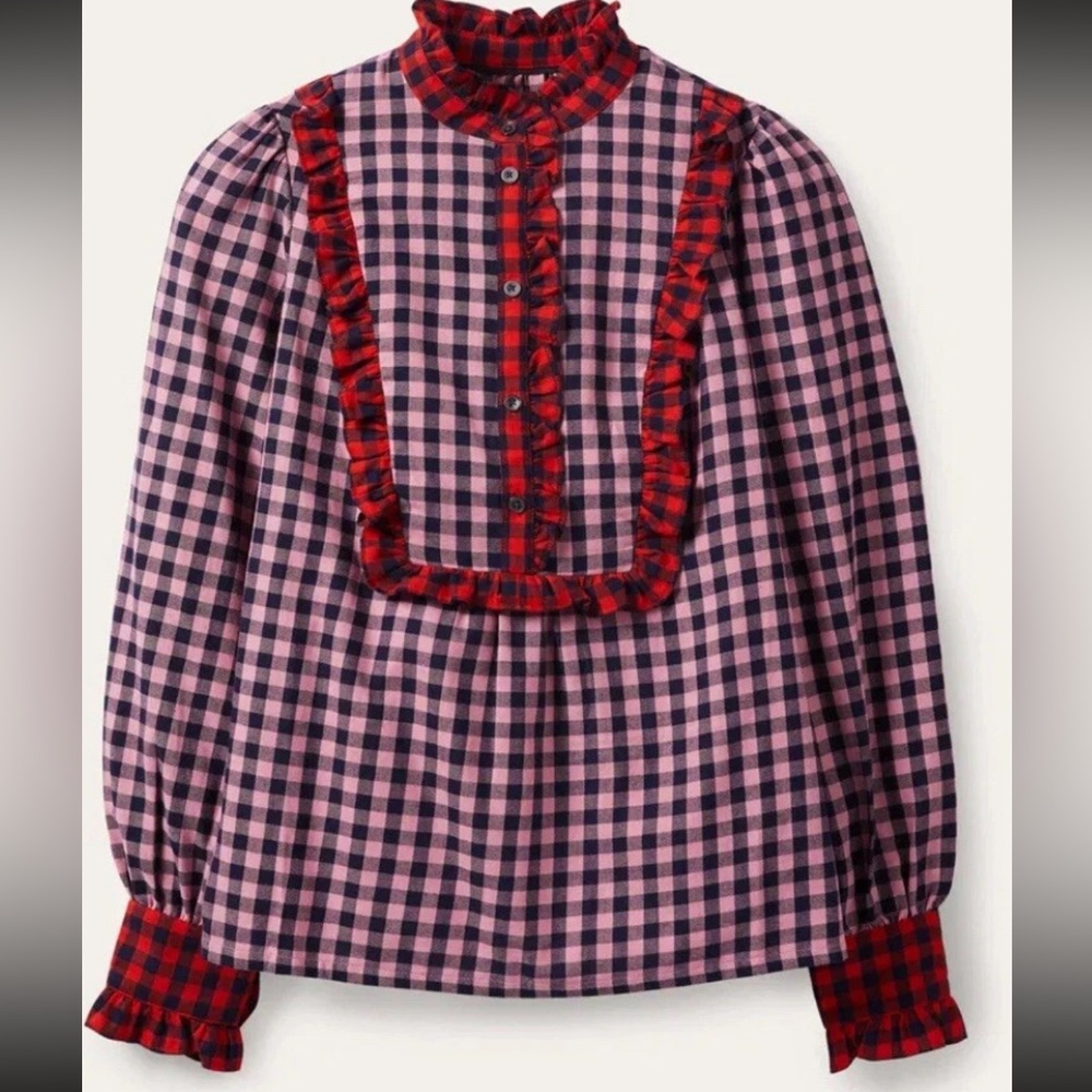 Boden Isla Frill Detail Blouse Formica Pink and Navy Gingham 8 ruffle plaid soft - Picture 5 of 5